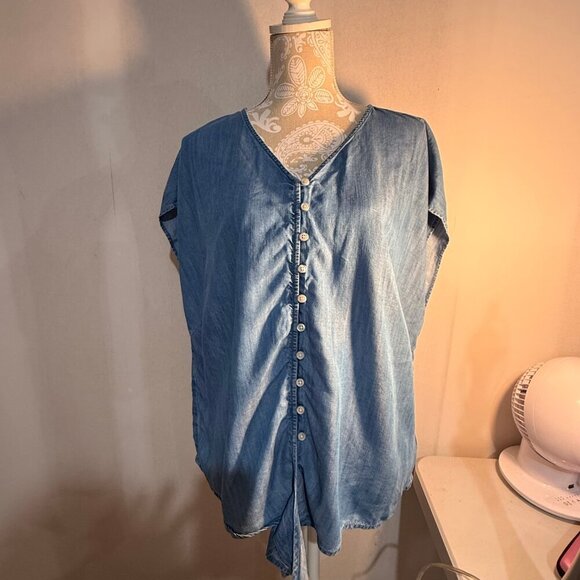 Talbots 2X Denim Chambray Tencel Tie Hem Button Top Plus Beachy Vacation Blse - Picture 2 of 5